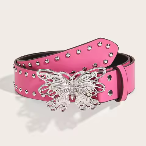 3.8x105cm Retro Punk Style Rivet Belt with Butterfly Metal Buckle Wide Belt Fashion Waistband Women'