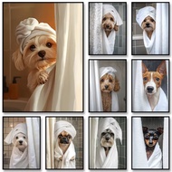 Cute Shower Dog Bathroom Decor Poster Dog in Bathtub Print Animal Murals Canvas Painting for Home De
