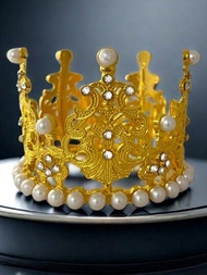 1個黃金/銀色皇冠造型髮飾，配有水晶和人造珍珠，非常適合婚禮/生日派對頭飾，生日蛋糕裝飾，適合女性/兒童