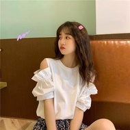 Summer 2024 New Sweet Ruffle Off Shoulder V-neck Chic Versatile Flare Short Sleeve Chiffon Shirt Top