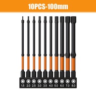 10pcs Impact Hex Head Allen Wrench Drill Bit Set ，50-100mm H1.5-H8 Hex-Shank S2 Steel Hex Screwdrive