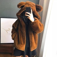 Jaket Sherpa Hoodie Zipper Bear Oversize Cewek Tudung Kuping Kekinian Super Cute / Sherpa Bear Zippe