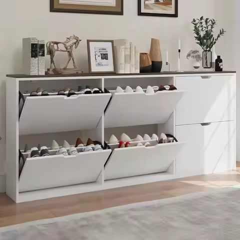 70.87 Inch Wall-Mount Shoe Cabinet with 6 Doors, Adjustable Shelves, White Finish for Entryway, Gara