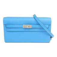 HERMES Epsom皮革Kelly To Go銀扣肩背袋Bleu Frida/Rouge Sellier