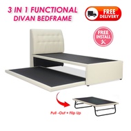 ASTAR Lucia 3 IN 1 Divan Bedframe in Single size with PULLOUT LIFT UP.  PVC Dark Brown / Light Cream Trundle Bed -FREE INSTALLATION!!