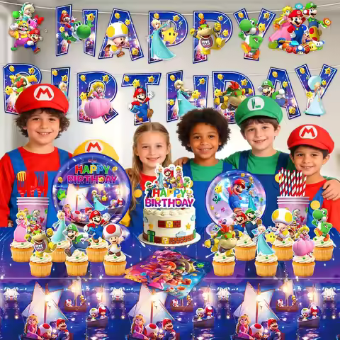 Super Mario Themed Birthday Party Supplies Tableware Set with Plates, Cups, Napkins & Banner for Kid