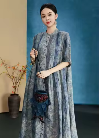 Chinese style batik dress Grayish blue 100% ramie loose Cardigan Sunscreen coat Original embroidery