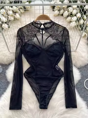 Women Black Gothic Skinny Lace Jumpsuits Aesthetic Y2k Vintage Overalls Long Sleeves Rompers Jumpsui