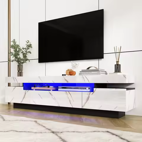 71In LED TV Stand for 75/80 Inch TV, Modern Gaming TV Cabinet for Living Room, High Gloss Entertainm
