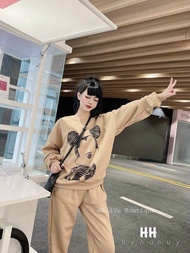 [Voucher 50k Freeship Max 0 đồng toàn quốc] Set bộ thể thao cổ tròn tay dài áo sweater in hình gấu c