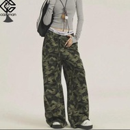CAZAMAN กางเกงวอร์ม กระเป๋าข้าง คาร์โก้ กางเกงขายาวเอวสูงทรงกระบอก ลายทหาร X39