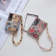 Beautiful gold-stamped blue and green flower handchain folding phone case for Samsung Galaxy Z Fold8