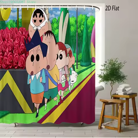 Crayon Shin-chan & Friends Adventure 2D Print Waterproof Shower Curtain, Anime Bathroom Decor with H