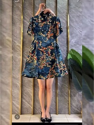 New Chinese Style National Style High-End Exquisite Improved Cheongsam Chic Unique Design Sense Frog Button Floral Print Women's Summer Dress