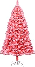 ANSACA 6.5 FT Pink Christmas Tree, Snow Flocked Xmas Tree w/ 884 PVC Branch Tips, Solid Metal Stand, Flexible Hinged Branches, Life-Like Pine Tree for Home, School, Office Holiday Decoration