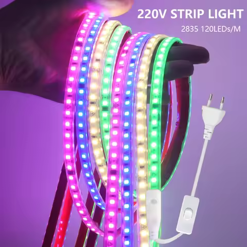 220V Switch LED Strip Light EU Power Waterproof 120LEDs/M Bright Ribbon Tape Red Blue Yellow Pink Wa