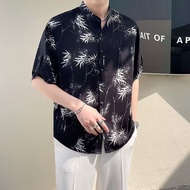 2024 New Fashion Neo Chinese Style Bamboo Leaf Ice Silk Short Sleeve Shirts for Men Casual Summer Ou