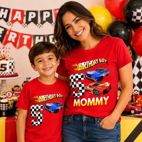 New Summer Children's Racing Birthday T-shirt 4, 5, 6, 7 Year Old Family T-shirt Children's Party Bo