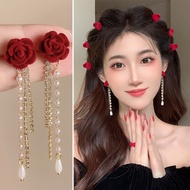 Girl's Red Rose Pearl Diamond Tassel Earrings Woman Luxury Flower Streamer Diamond Chain Earrings