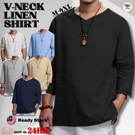 ✅READY STOCK 🇲🇾 Men Long Sleeve Causal V Neck Baggy Shirt Men Vintage Loose 3/4 Sleeve V Neck Cotton