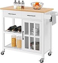 Yaheetech Kitchen Island on Wheels with Drawers, Rolling Kitchen Cart with Tempered Glass Storage Cabinet Door, Bamboo Top, 2 Tiers Shelves, and Towel Rack, 40x18x36 Inches, White