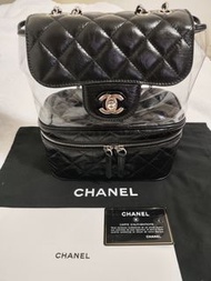 Chanel 黑銀油蠟牛皮拼接PVC側背包 透明果凍包