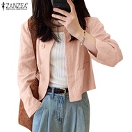 ZANZEA Women Korean Holiday Long Sleeve Solid Color Pocket Short Blazer