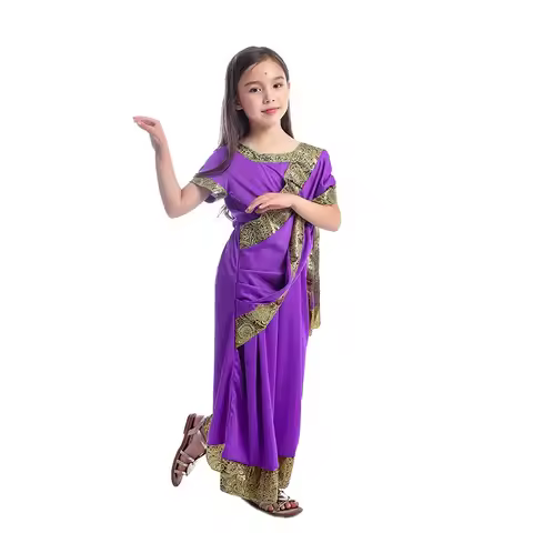 Indian Girls Traditional Bollywood Princess Costume India Saree Kaftan For Kids Halloween Dress-up B