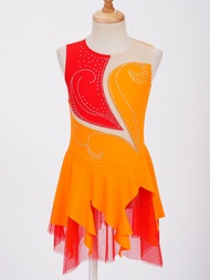 Girls Sleeveless Sequins Rhinestone Ballet Figure Ice Skating Dress