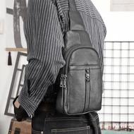 多功能牛皮單肩斜背包 運動男士前背包 真皮斜挎包