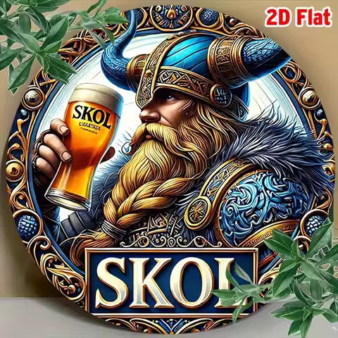 2D Flat, 1pc Skol Viking Beer Metal Wall Art - 8-Inch Retro Round Aluminum Sign with Golden Helmet &