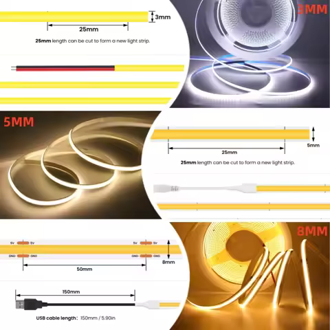 5V 320LEDs/m COB LED Strip Light 3mm 5mm 8mm Ultra Thin RA90 High Bright Flexible LED Tape Lamp Home