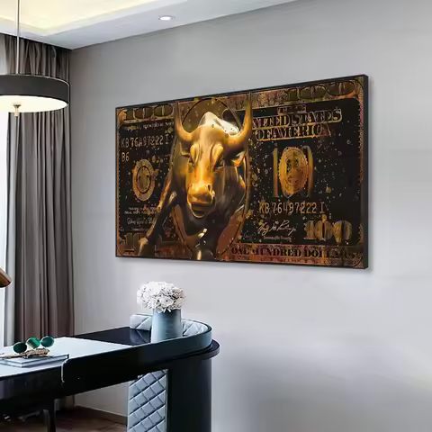 Golden Bitcoin Bull Bear Wall Street Bull Investment Wall Art Wealth Investing Poster for Room Offic
