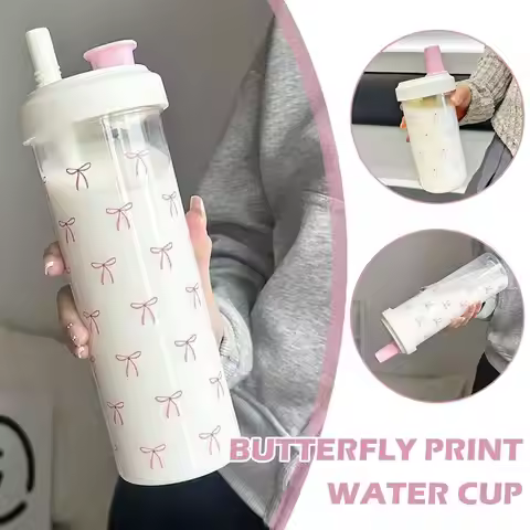 500/700Ml Pink Bow Water Cup With Straw Coffee Bubble Milk Tea Plastic Cup Large Capacity Students W