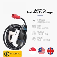 3-Phase 22kW Portable EV Charger 13A 5m Type-2 Cable (Red CEE Plug)