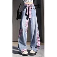 American Retro Bowknot Plaid Stitching Wide-Leg Jeans Women Autumn Design Feel Loose Slimmer Look Fl