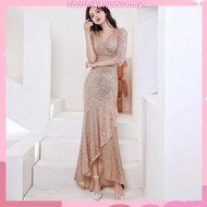 [40-80kg] Sequin dress Woman Three-Quarter Sleeve Long dinner dress gown petite dress 晚礼服 女 晚宴 禮服 宴會