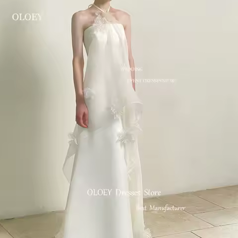 OLOEY A Line Fairy Wedding Dresses Photoshoot Halter 3D Flowers Korea Bridal Gowns Garden Customised