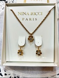 正品法國品牌 Nina Ricci 蓮娜・麗姿金色花型水鑽墜鎖骨鍊+夾式耳環 絕版精品組合