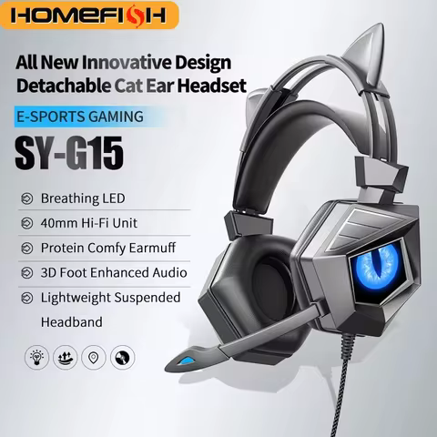 HOMEFISH SY-G15 Gaming Headset with Detachable Cat Ears 40mm Hi-Fi Driver Noise-Canceling Mic & Brea