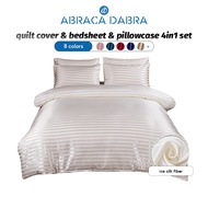 Abraca Dabra Premium Plain Stripe Satin 4in1 Bedding Set Cooling Silky Satin Fitted Bedsheet Quilt C