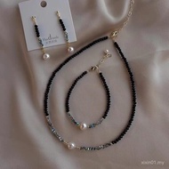 Black Spinel Pearl Necklace Three-Piece Set Female Earrings New Style Korean Version Classy Thin Bra