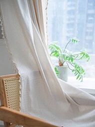 一片編織提花米色窗簾,波西米亞農舍混紡隔光窗簾,適用於家庭臥室客廳廚房餐廳咖啡廳門廳口袋四季家庭窗簾