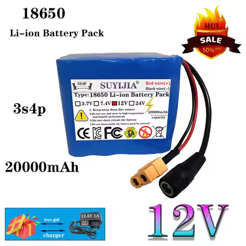 Portable 12V 3S4P 20Ah Fishing Battery Rechargeable Li-ion Battery DC 12.6v Capacity Camera Monitor 