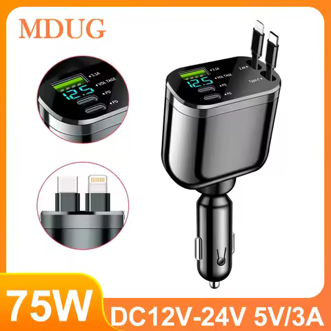 75W 5 IN 1 Retractable Car Charger Mobile Phone USB PD Type C Cable For iPhone Fast Charge Cord Ciga