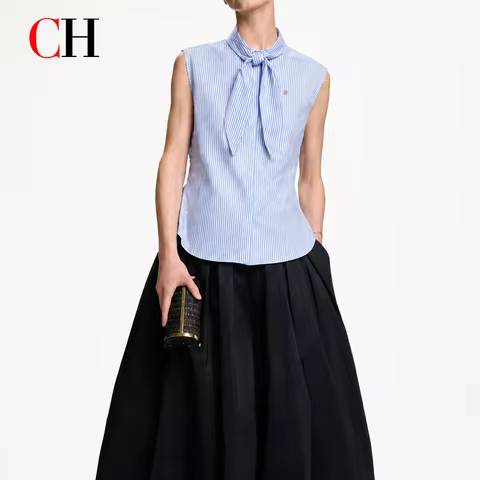 CH Embroidered Sleeveless Shirt Women Bow Tie Collar Slim Fit Soft Fabric Versatile Casual Daily Off