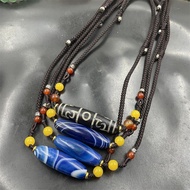 Retro Distressed Three-Eyed Guru Rinpoche Dzi Bead Agate Clavicle Chain Blue Silk-Wrapping Agate Str