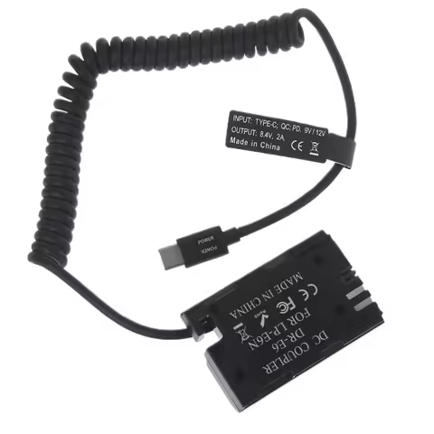 LP-E6 Dummy Battery with USB Type-C Power Cable Support PD 9V / 12V Output Compatible with Cameras M