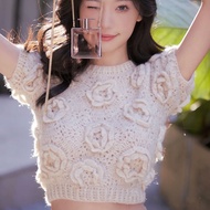 Yi Meng Ling ดีไซน์ ดอกไม้ เสื้อผ้าถัก ผู้หญิง สูง เอว สั้นเสื้อสเวตเตอร์ 3d โครเชต์ Mohair พรางหุ่น