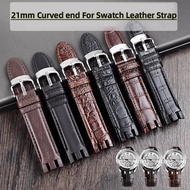For Swatch Watchband Yrs403 412 402G Curved Concave-Convex Mouth Cowhide 21mm Men's Watch Band Genuine Leather Strap free tool